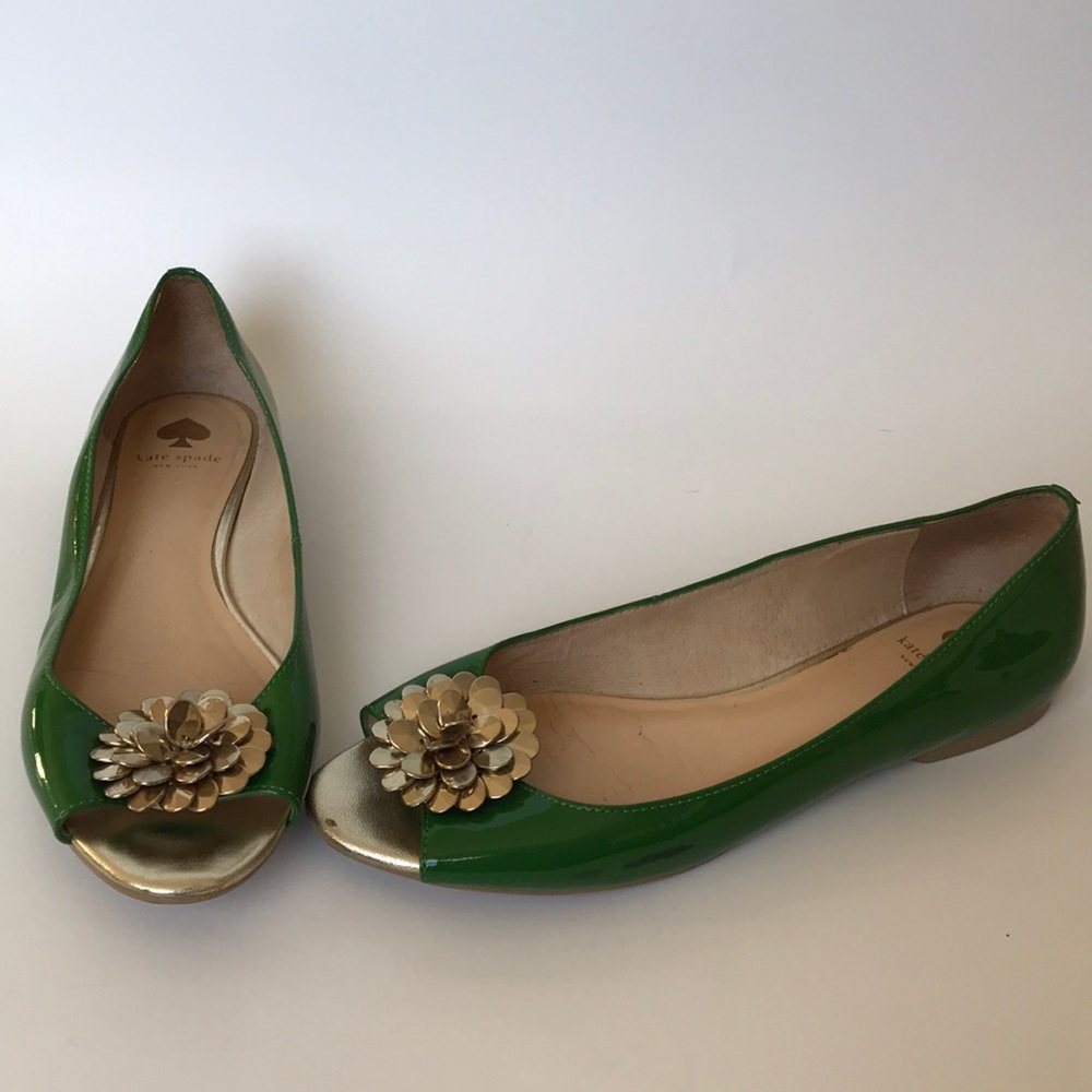 Kate Spade Green & Gold Peep Toe Flats Size 6